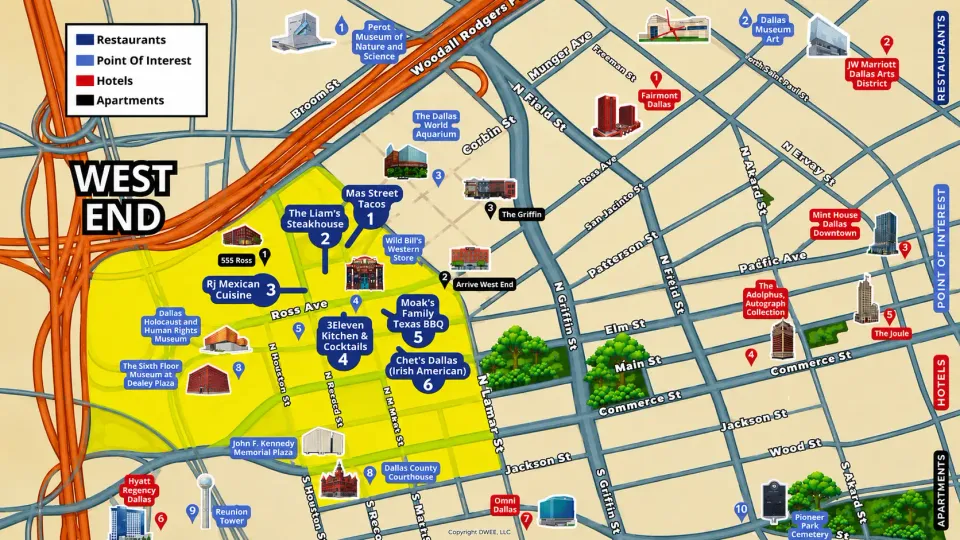 West End Historic District map: restaurants, points of interest, hotels and apartments